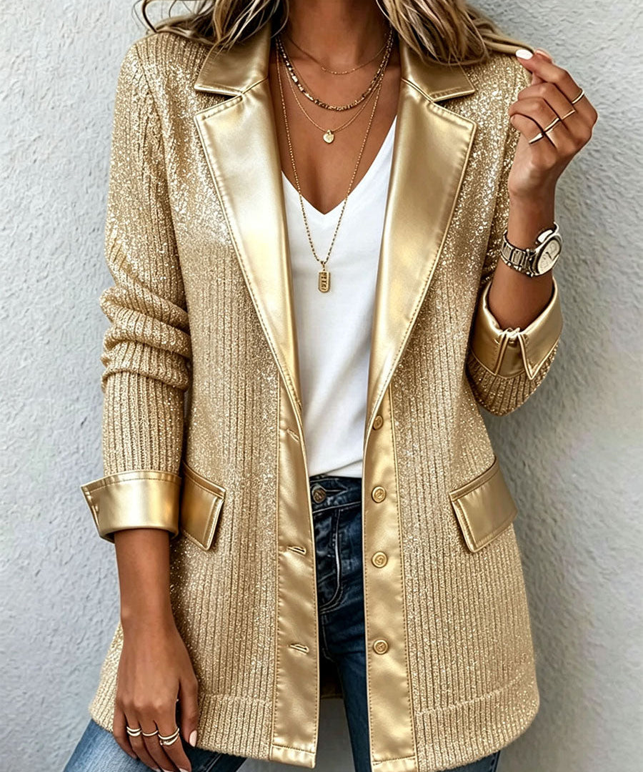Aurora | Blazer de Punto Dorado con Ribetes de Polipiel