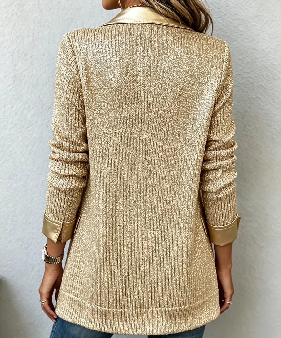Aurora | Blazer de Punto Dorado con Ribetes de Polipiel