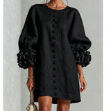 Vestido floral con mangas farol y cuello redondo